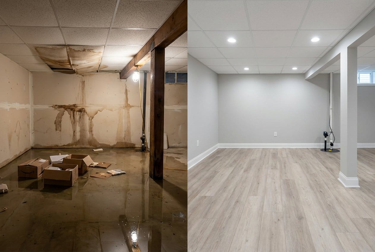 Water Damage Restoration before and after in residential basement, Fort Lee NJ