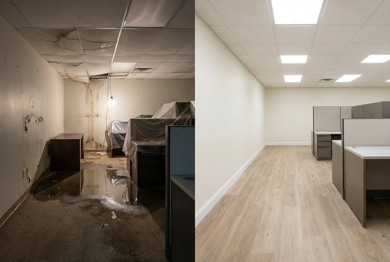 Emergency Water Removal restoration — commercial office space of Tudor home in Fort Lee, NJ