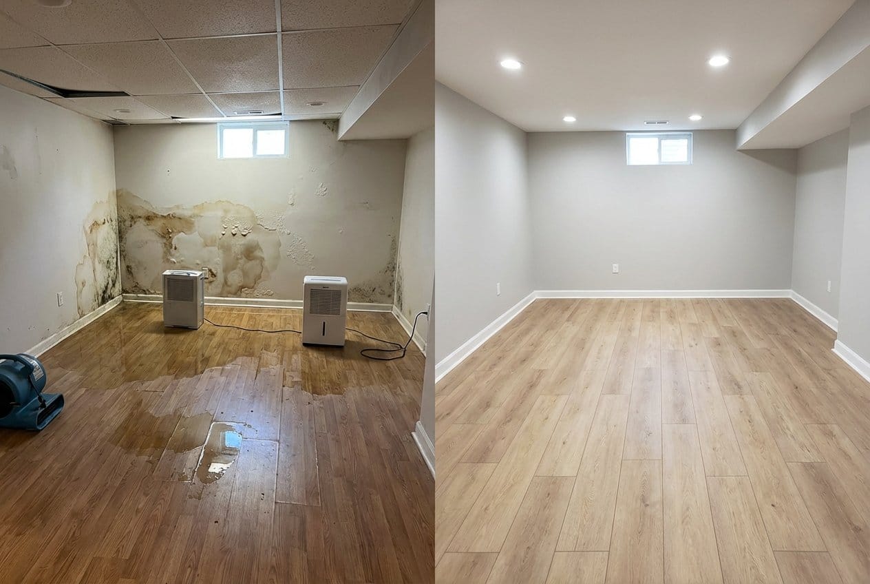 Sewage Backup Cleanup before and after in residential basement, Fort Lee NJ