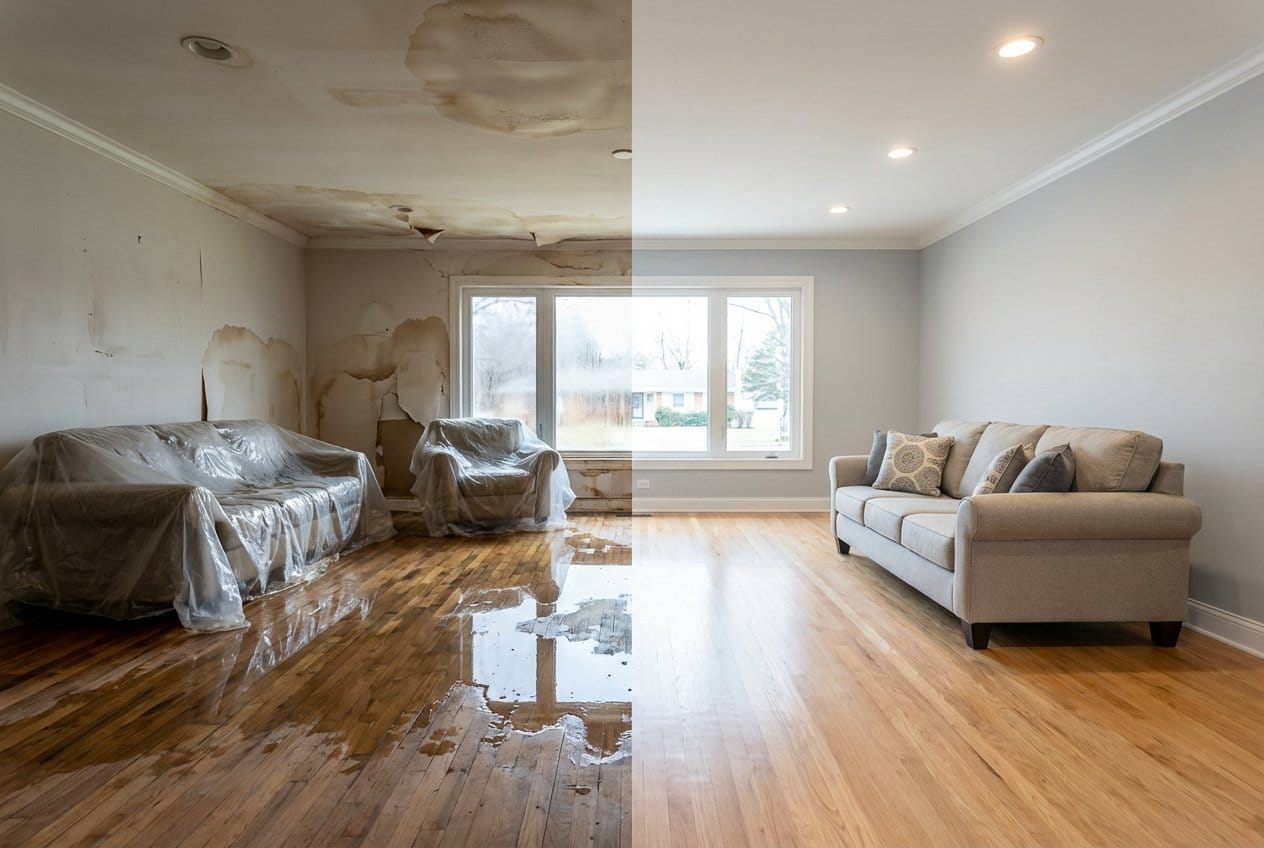 Structural Drying & Dehumidification before and after in living room, Fort Lee NJ