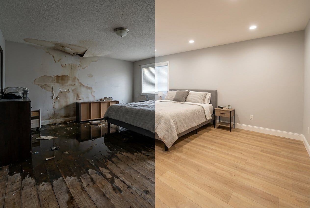 Before and after structural drying & dehumidification in Fort Lee bi-level home bedroom