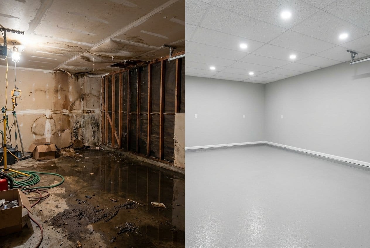 Carpet & Flooring Water Damage Cleanup before and after in garage, Fort Lee NJ