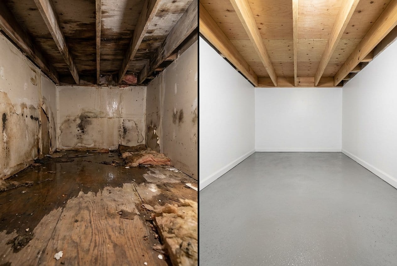 Carpet & Flooring Water Damage Cleanup restoration — crawl space of bungalow in Fort Lee, NJ