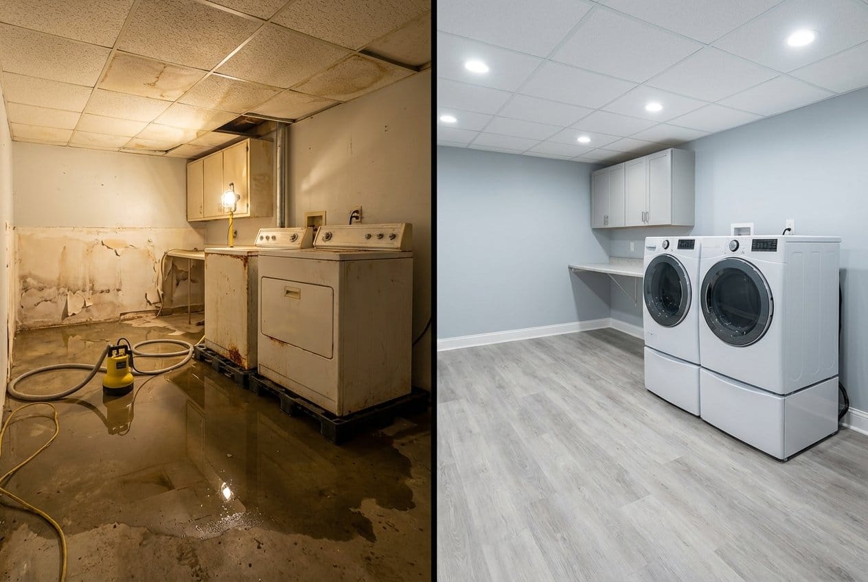 Wall & Ceiling Dry-Out restoration — laundry room of Cape Cod house in Fort Lee, NJ