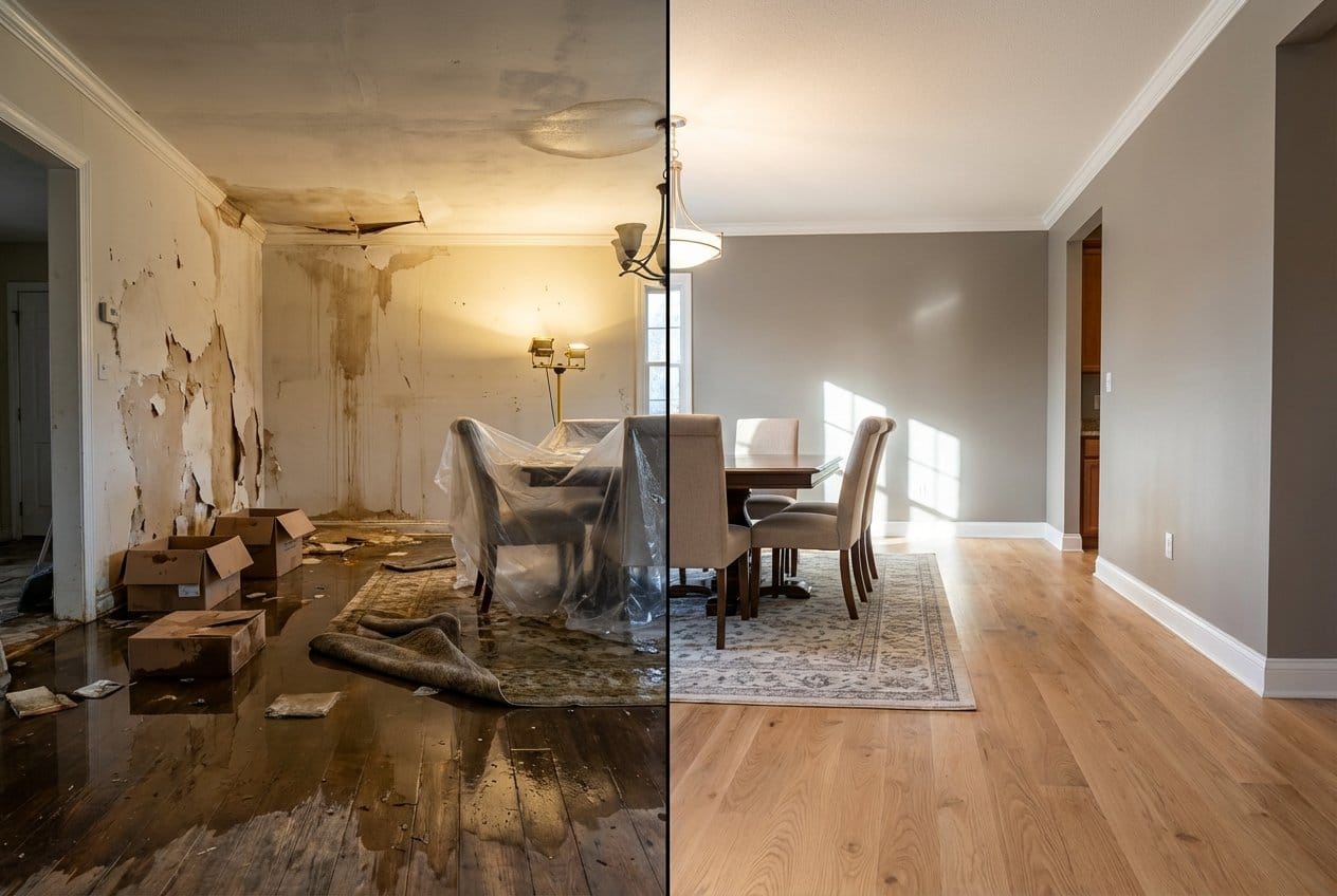 Before and after wall & ceiling dry-out in Fort Lee ranch-style home dining room