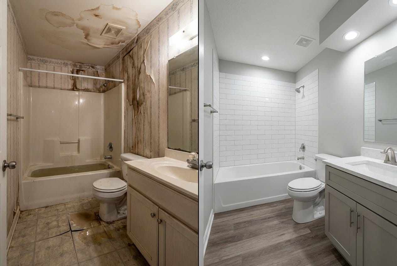 Before and after mold prevention after water damage in Fort Lee Victorian home bathroom